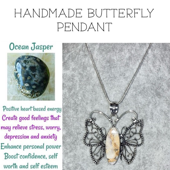 Natural Ocean Jasper Handmade Butterfly Pendant - Picture 1 of 5